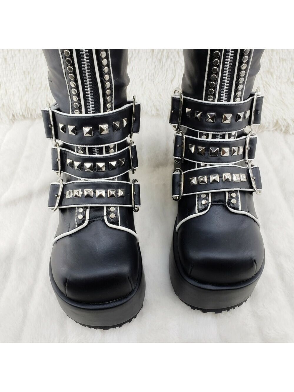 NIB DEMONIA Concord Black Platform Rose Goth Studded Knee Boots 4" Wedge - Picture 8 of 12